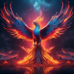 Foto eines Phoenix Vogels, die flügel ausbreitend, in cinematischer Umgebung