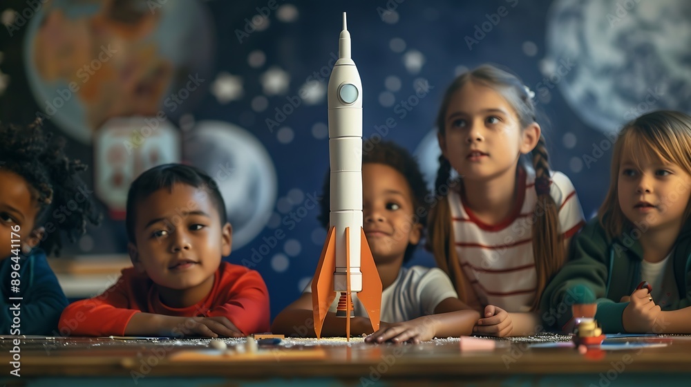 Poster Elementary School Students Sitting Behind a Table in a Group Building a Space Rocket Model for a Science and Technology Fair Young Boys and Girls Wish to Become Engineers and Space Exp : Generative AI