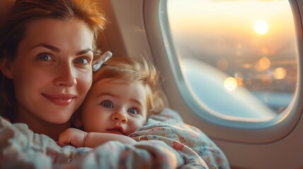 happy mom and baby playing in airplane seat, : Generative AI