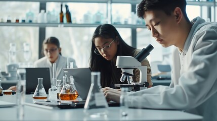Students learning in science classroom Focused young students experiment with chemicals using flasks and test tubes with microscope and laptop on clean white desk in classroom : Generative AI