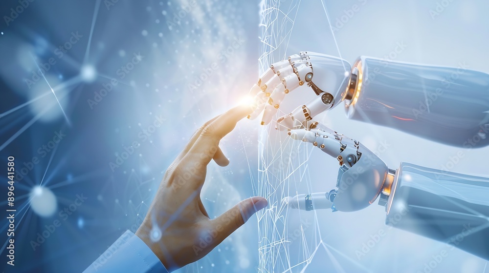 Fototapete ai machine learning hands of robot and human touching on big data network connection background scie