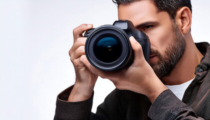 Fototapeta premium Close-up of a photographer adjusting the lens white background