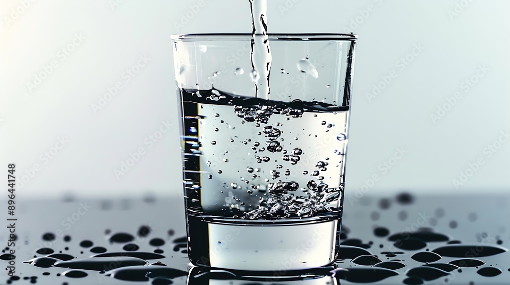 Poster pouring drinking water in a transparent glass isolated on abstract background with glass table water resource concept with copy space : Generative AI
