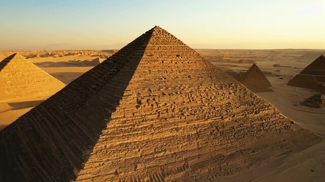 The pyramid is a large, brown structure in the desert. The sun is setting, casting a warm glow over the landscape