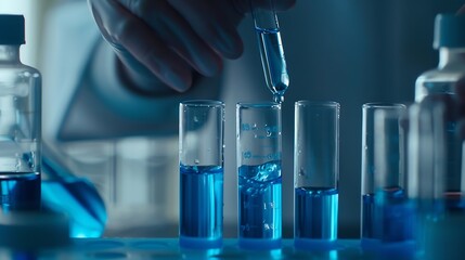 Closeup hands dropping fluid from dropper flask beaker into blue test tube sample laboratory for compare in medicine chemical biology medical science experiment technology biotechnolog : Generative AI