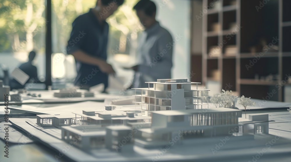Leinwandbilder Engineer or architect teamwork working on construction project with building model and blueprint in office Construction concept : Generative AI