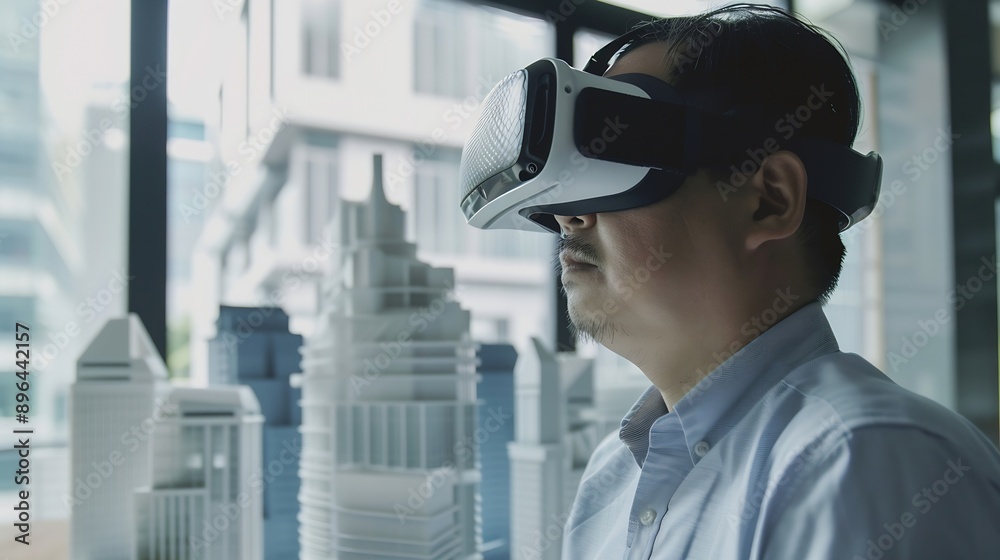 Poster asian man architect or engineer wearing vr headset for working design 3d architectural building mode