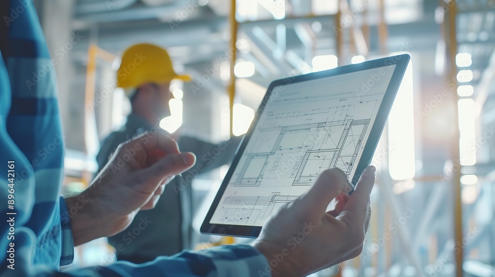 Poster Construction blueprints hands and people with tablet in closeup for building project management Architecture logistics check and inspector with touchscreen for infrastructure complianc : Generative AI