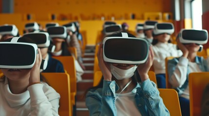 View of excited clever miscellaneous students with vr headsets watching online virtual lessons in a modern school Concept of augmented reality and education : Generative AI