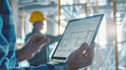 Construction blueprints hands and people with tablet in closeup for building project management Architecture logistics check and inspector with touchscreen for infrastructure complianc : Generative AI