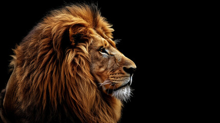 Fototapeta premium A majestic lion with a mane on a solid black background.