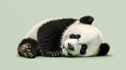 Obraz premium A resting panda on a light green background.