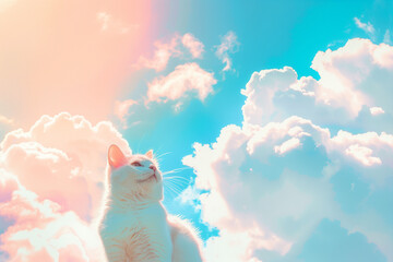 cat on blue sky with clouds background