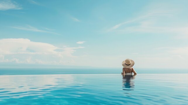 Summer holiday concept with a happy woman with sunhat sitting at the edge of a big infinity pool with view : Generative AI