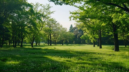 Obraz premium Mizumoto Park scenery with grassland and forest in early summer : Generative AI