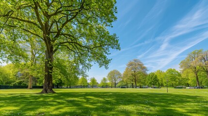 Obraz premium Park and outdoor concept Spring landscape big tree on green grass meadow New young green leaves on twig in in the park under blue sky Nature greenery background Amstelpark Amsterdam Ne : Generative AI