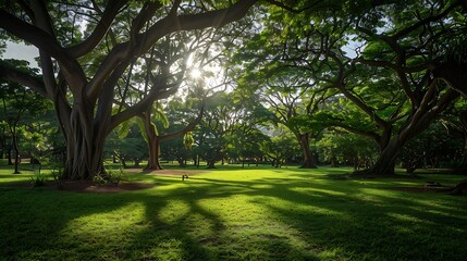Naklejka premium View of lush greenery and sunlight filtering through tree canopy kapiolani park hawaii united states : Generative AI