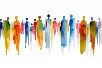 Abstract silhouettes of people in colorful watercolor style walking. Art illustration with white background. Community and diversity concept for design and print.