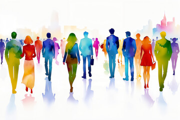 Abstract silhouettes of people in colorful watercolor style walking. Art illustration with white background. Community and diversity concept for design and print.