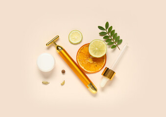 Face massage roller and natural ingredients for cosmetic mask on light background