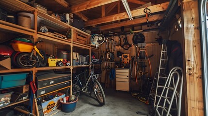 Suburban home wooden storage utility unit shed with miscellaneous stuff on shelves bikes exercise machine ladder garden tools and equipment Messy and chaos at house yard barn Organizat : Generative AI