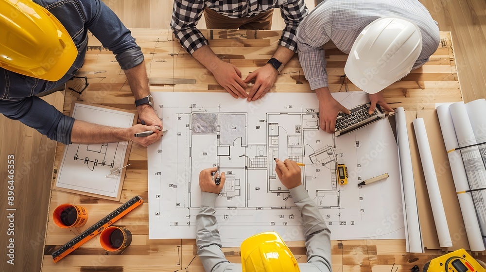 Fototapete Top down view of skilled engineer team compare between blueprint and house plan Aerial view of group of architect or designer discussing and point note to brainstorm about blueprint Al : Generative AI