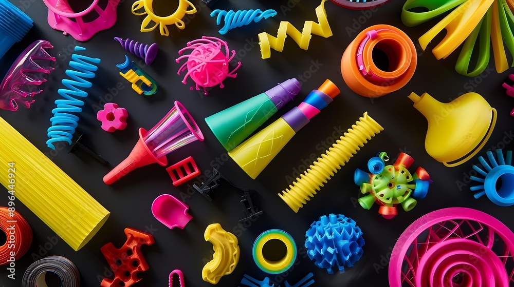 Fototapete collection of bright colorful objects printed on a 3d printer variety of plastic products manufactur