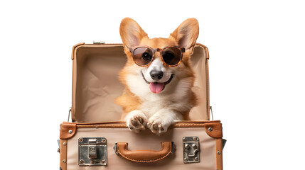 Fun Corgi puppy dog with sunglasses sitting in a suitcase isolated on transparent background,...