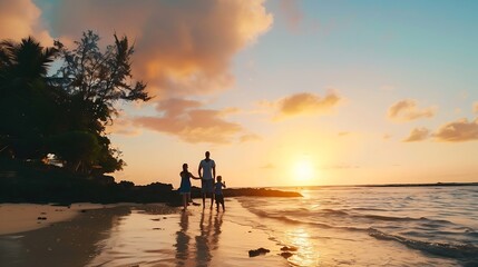 Fototapeta premium Big family beach holiday and love happiness for vacation on tropical island Man woman and children together with sunshine by ocean for travel with wellness waves and sunset walk in Mau : Generative AI