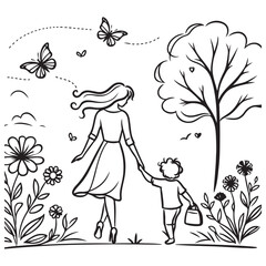 continuous line drawing of mother and girl cute family concept card mother day vector illustration