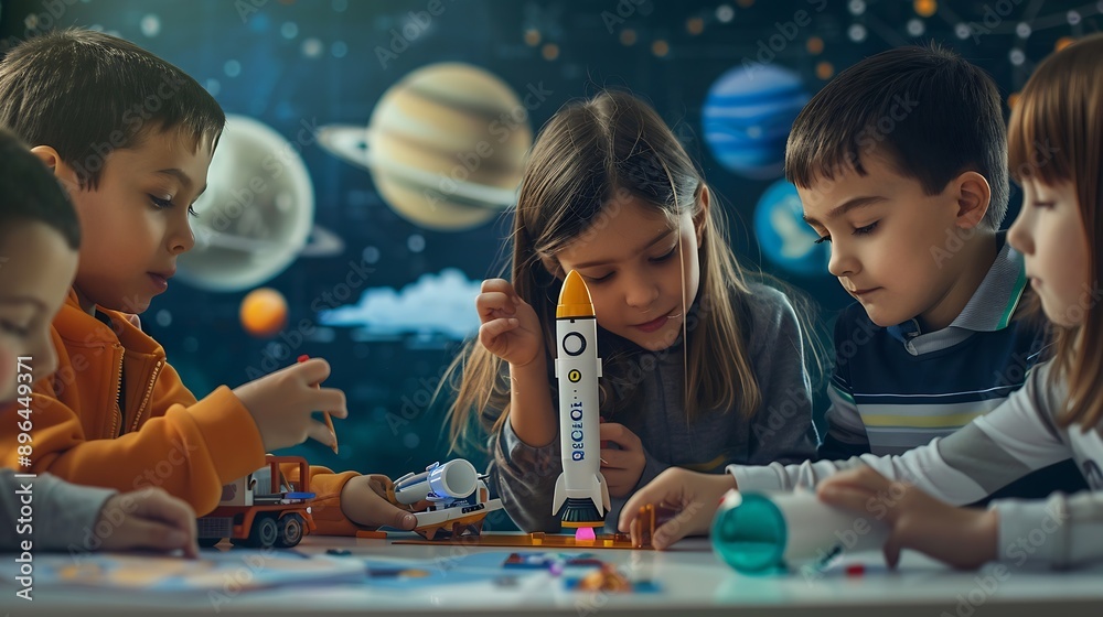 Aufkleber Elementary School Students Sitting Behind a Table in a Group Building a Space Rocket Model for a Science and Technology Fair Young Boys and Girls Wish to Become Engineers and Space Exp : Generative AI