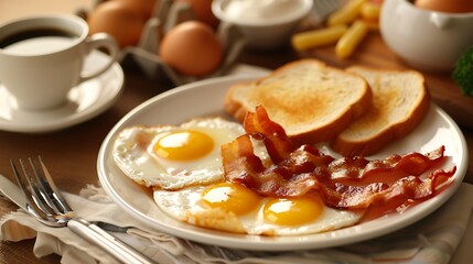 Delicious Breakfast Plate with Fried Eggs, Crispy Bacon, and Toast