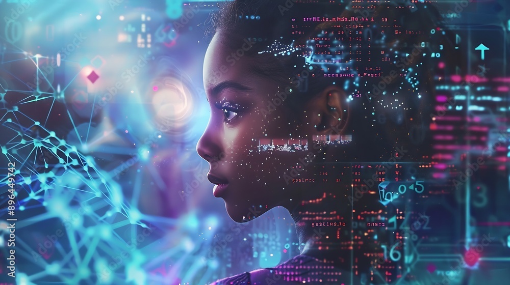Aufkleber Image of data processing and chemical formula over biracial schoolgirl global science data processing and digital interface concept digitally generated image : Generative AI
