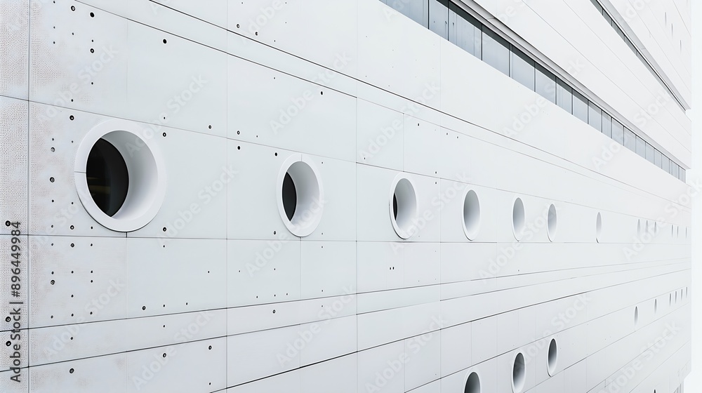 Poster Modern minimalist architecture A building with white walls and small round windows Geometric pattern on white background : Generative AI