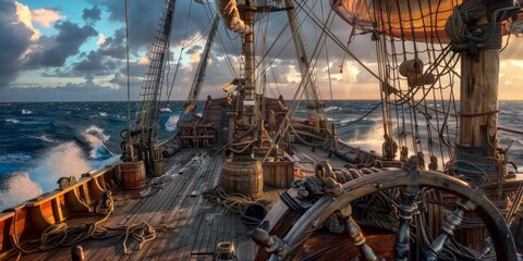 Fototapeta premium Detailed view of a vintage pirate ship deck at sunset, showcasing nautical elements and maritime equipment, evoking a sense of adventure and historical maritime exploration
