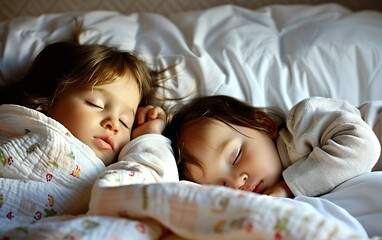 two children, one 5 year old girl and one 6 month old baby, sleeping : Generative AI
