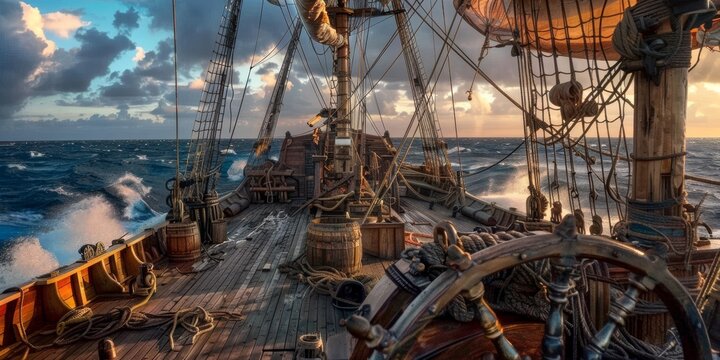 Detailed view of a vintage pirate ship deck at sunset, showcasing nautical elements and maritime equipment, evoking a sense of adventure and historical maritime exploration