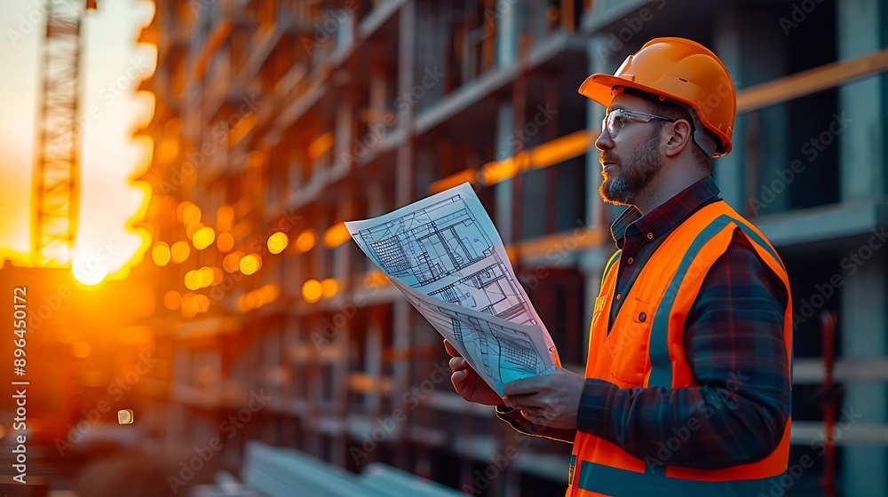 Fototapete civil architect engineer inspecting and working outdoors structure building site with blueprints. : 