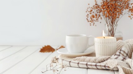 A person enjoying a cup of coffee with a blanket on a table