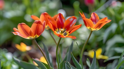 Miscellaneous Kolpakowskys tulips Tulipa kolpakowskiana bloom in a garden in April : Generative AI