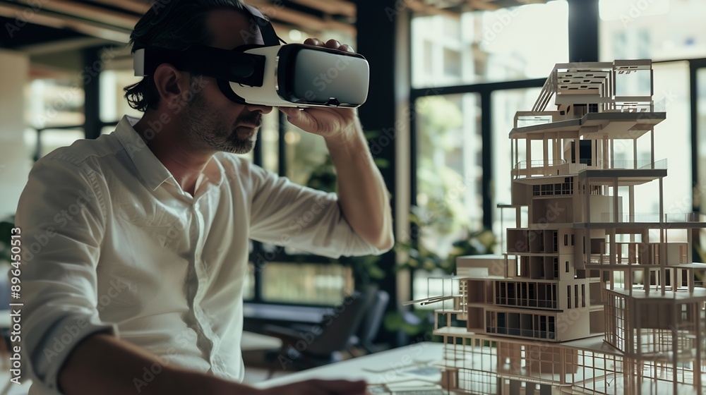Fototapete Architect man and virtual reality architecture model construction and building with future technology and UX VR goggles design and engineering metaverse and simulation of property deve : Generative AI