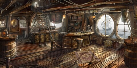 Cozy pirate cabin interior with wooden decor, barrels, maps, and lanterns, evoking the classic maritime theme of adventure and historical exploration on the open sea