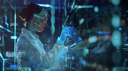 Medicine doctor with hologram of medical technology by AI artificial intelligence innovation science and intelligent medical technology develop health insurance : Generative AI