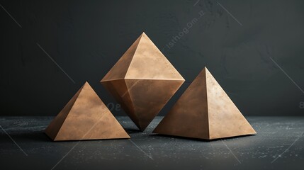 Platonic solids figures geometry Abstract geometrical figures still life composition Threedimensional prism pyramid objects on black gray background : Generative AI