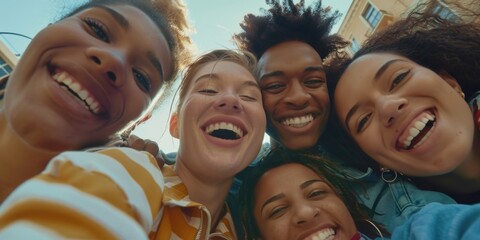 Obraz premium A group of young friends or colleagues standing and smiling, perfect for various social media posts or company events