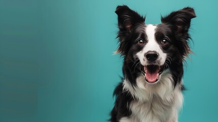 studio portrait of black and white border collie sitting looking forward with big smile mouth open tongue showing against a teal blue background : Generative AI