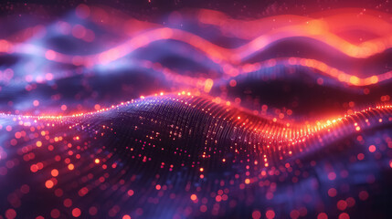 Violet and orange glowing particles form an abstract wave pattern on a dark blue background.