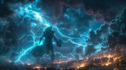 Ein Wikinger steht auf einem Berg mit einem Blitz im Hintergrund