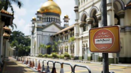 Obraz premium The Sultan Mosque or Masjid Sultan No drinks no food sign Singapore : Generative AI