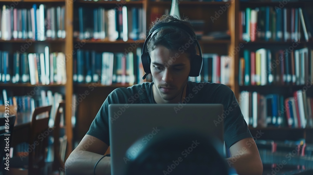 Poster Portrait of a Smart Male Putting On Headphones and Working on a Laptop Computer Young Man Doing a Homework Assignment and Preparing for Political Science Exams in a College Library : Generative AI